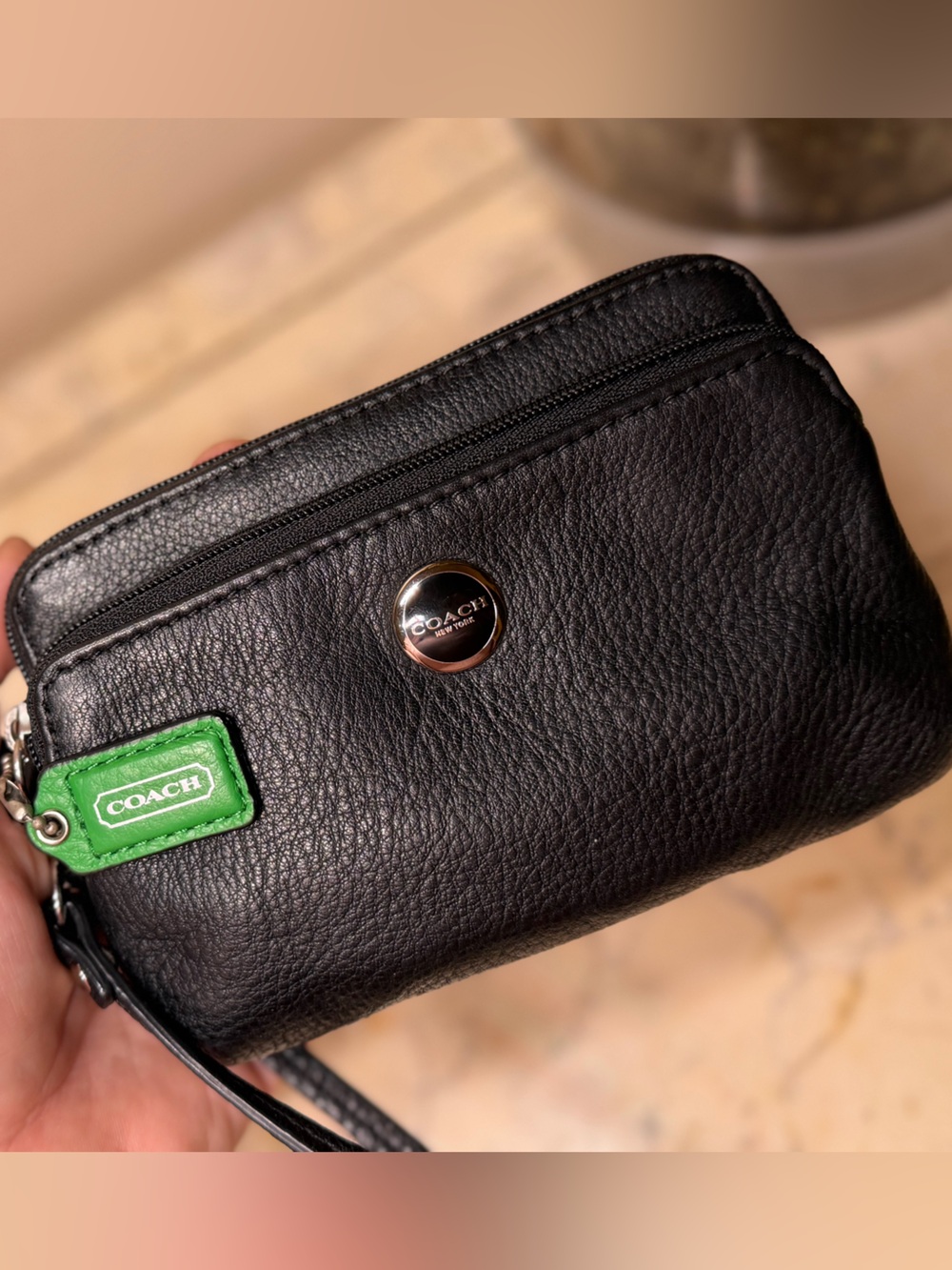 Coach Black Leather Wristlet with Green Logo Tab